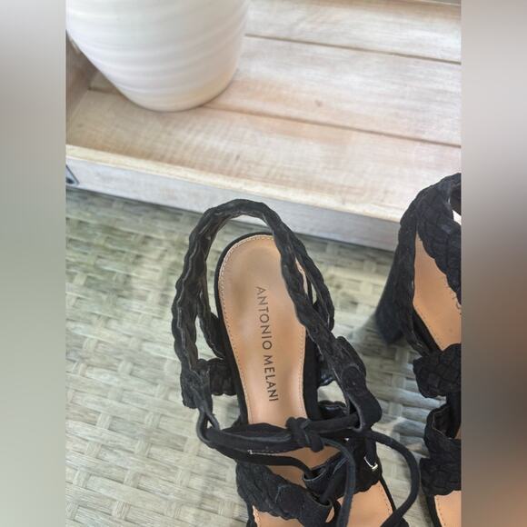 ANTONIO MELANI Black Suede Braided Lace-Up Sandals Heels Size 6. - Picture 3 of 10